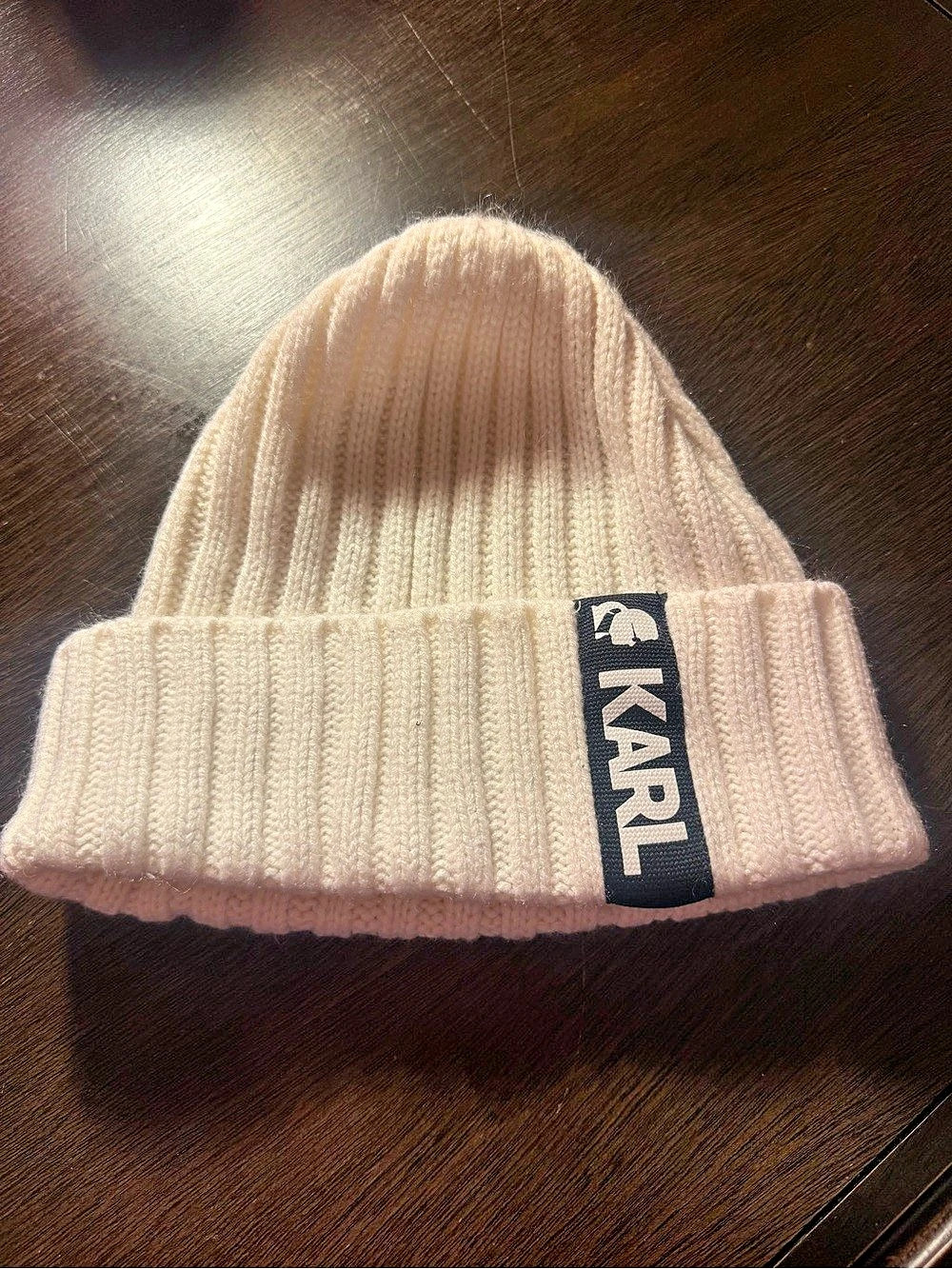 Karl Lagerfeld Ribbed Knit Beanie with Logo Tape Tag in white